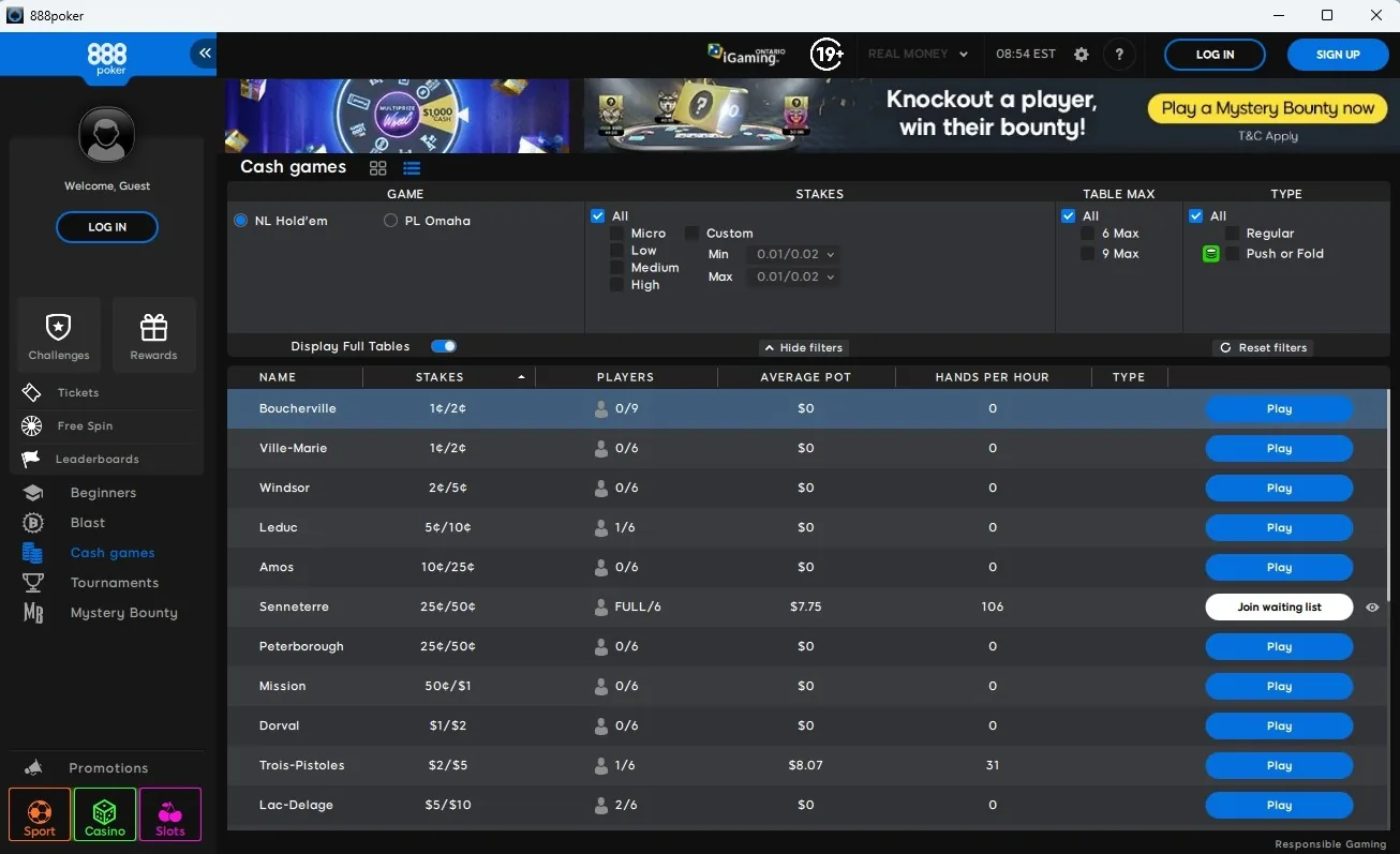 888poker Alberta NL Hold'em cash game lobby