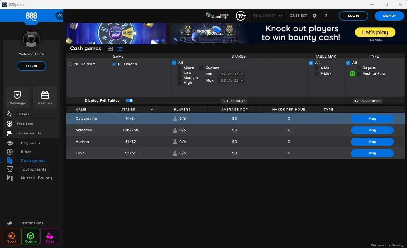 888poker Alberta PLO cash game lobby