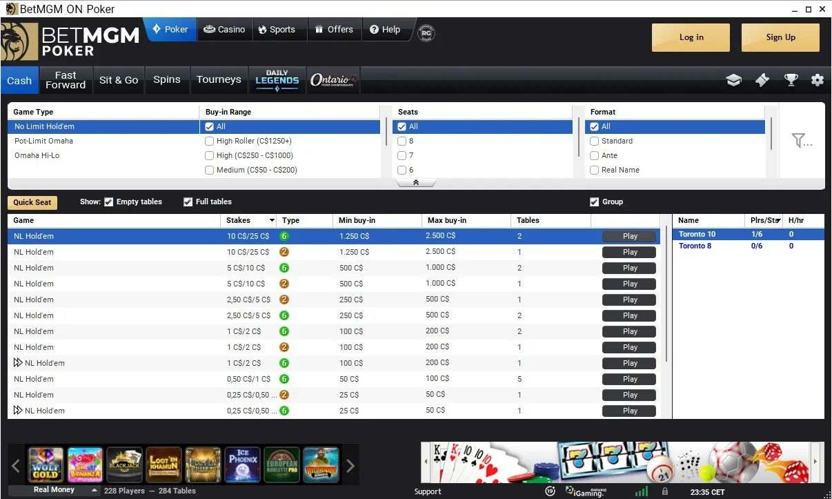BetMGM Poker Alberta NL Hold'em cash lobby with stakes from $0.25/$0.50 to $10/$25