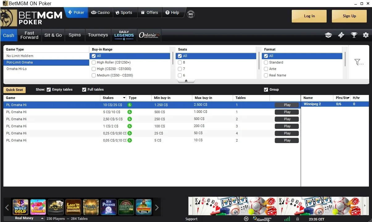 BetMGM Poker Alberta PLO lobby showing Pot-Limit Omaha Hi tables