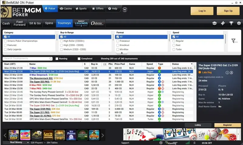 BetMGM Poker Alberta tournament lobby showing Daily Legends and Alberta Poker Championship events