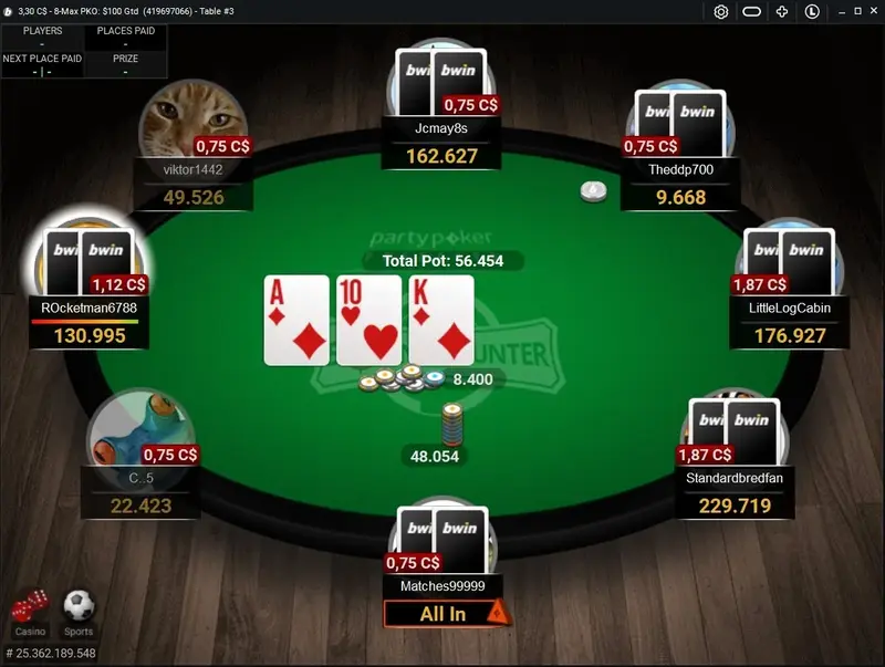 Bwin Alberta live tournament gameplay with seven players at a PKO table