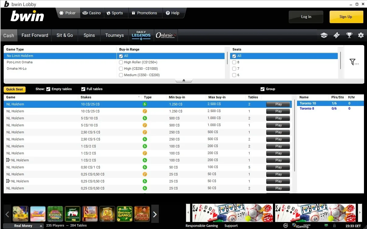 Bwin Alberta NL Hold'em cash lobby with stakes from $0.25/$0.50 to $10/$25
