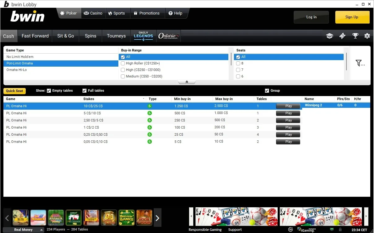 Bwin Alberta PLO cash game lobby showing Pot-Limit Omaha Hi tables