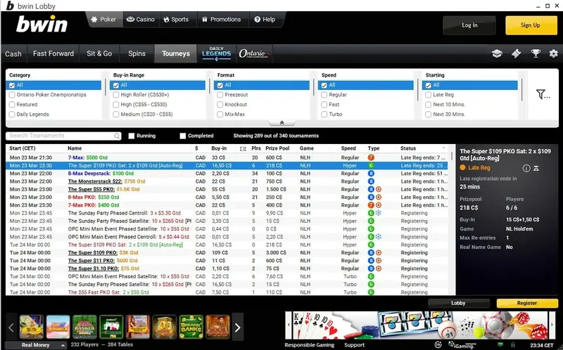 Bwin Alberta tournament lobby showing Daily Legends, Alberta Poker Championships, and PKO events