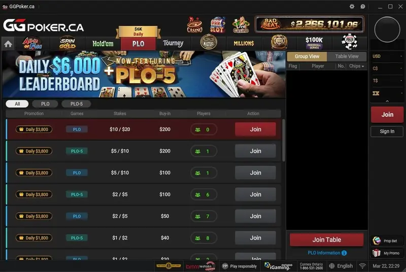 GGPoker Alberta PLO lobby showing available Pot-Limit Omaha tables and stakes