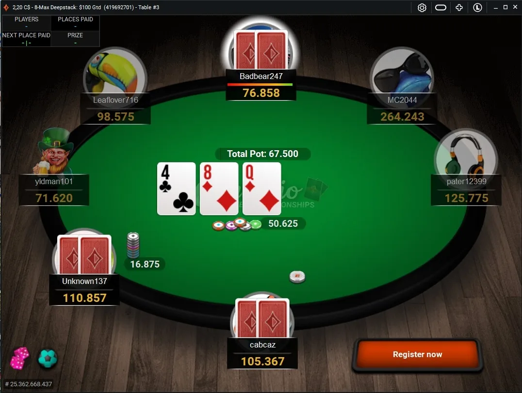 PartyPoker Alberta live tournament gameplay showing a 6-player PKO table