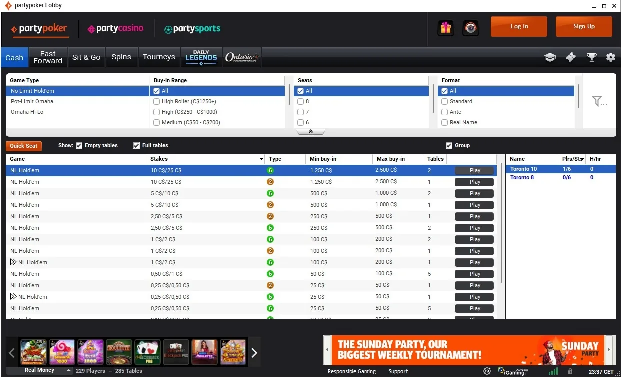 PartyPoker Alberta NL Hold'em cash lobby with stakes from $0.25/$0.50 to $10/$25