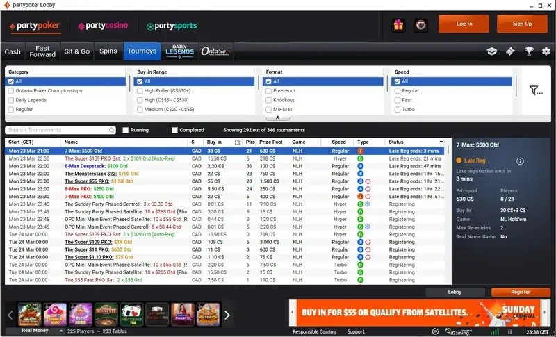 PartyPoker Alberta tournament lobby showing Daily Legends, Alberta Poker Championships, and satellite events