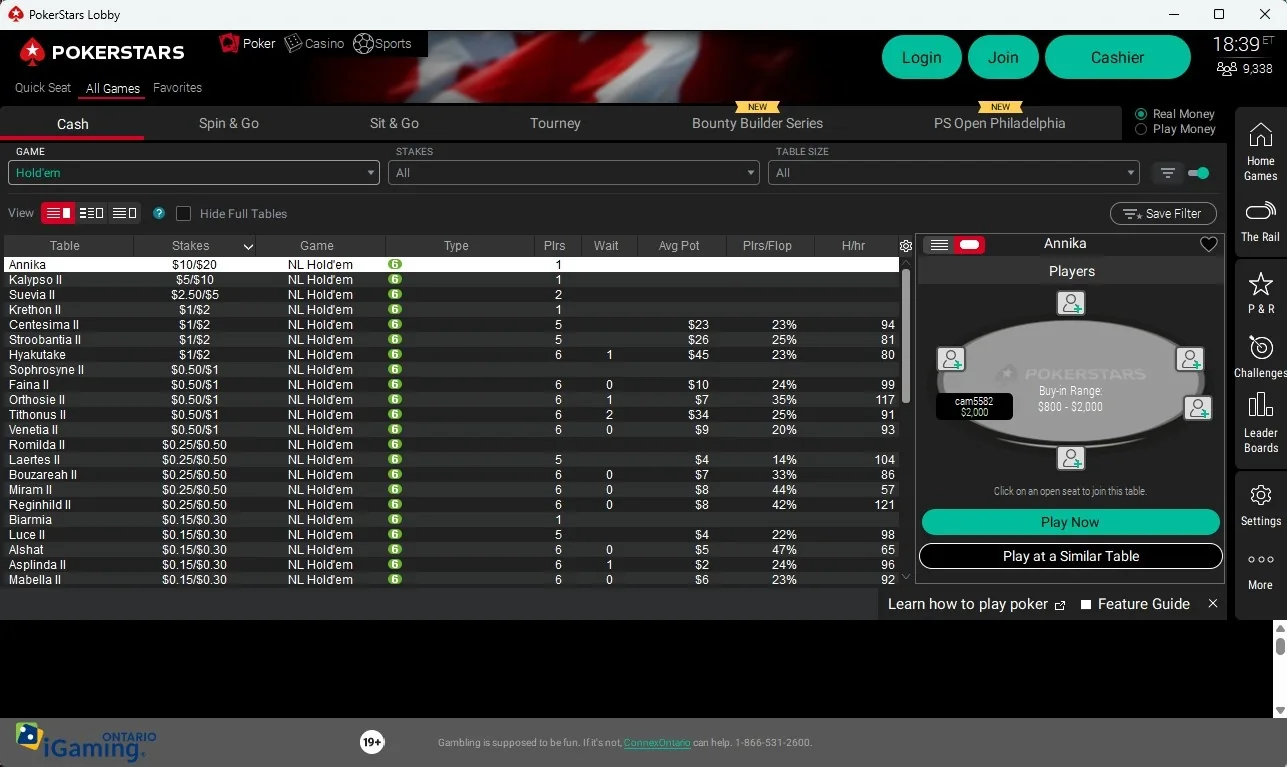 PokerStars Alberta Hold'em cash game lobby with stakes from $0.25/$0.50 to $10/$20