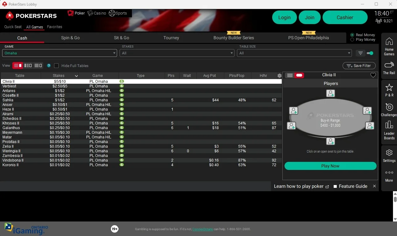 PokerStars Alberta PLO cash game lobby with Pot Limit Omaha and Omaha Hi-Lo tables