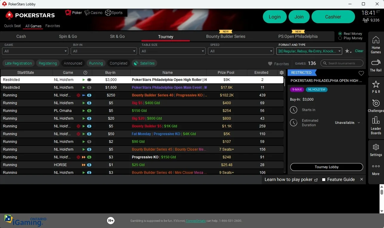 PokerStars Alberta tournament lobby showing PS Open Philadelphia and Bounty Builder Series